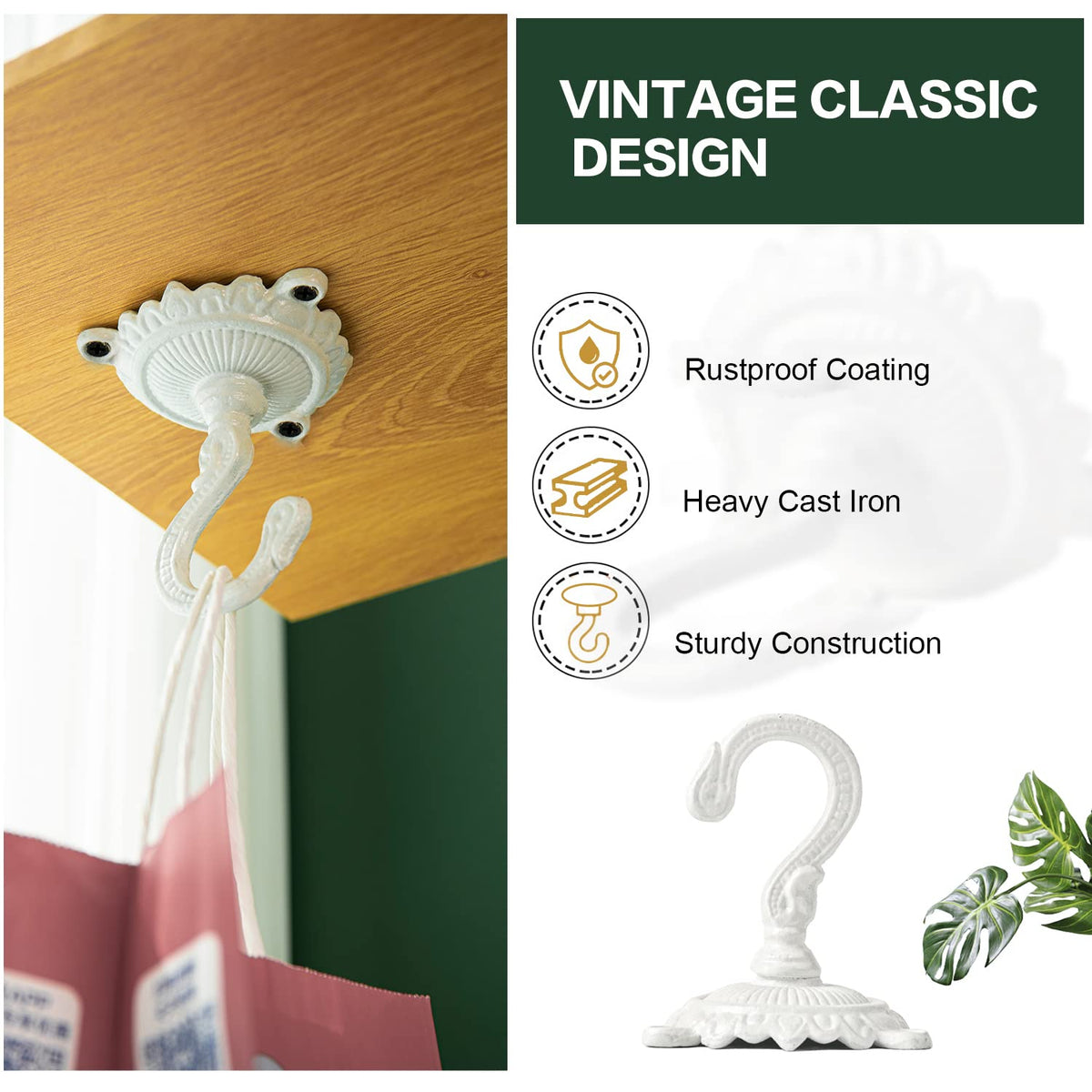 Sungmor Heavy Duty Ceiling Hooks for Hanging Plants, 3PC White 3.5x3.9Inch Large Cast Iron Ceiling Hooks, Antique Decorative Ceiling Swag Hooks for Hanging Planter Chandelier Wind Chime Lantern Hanger