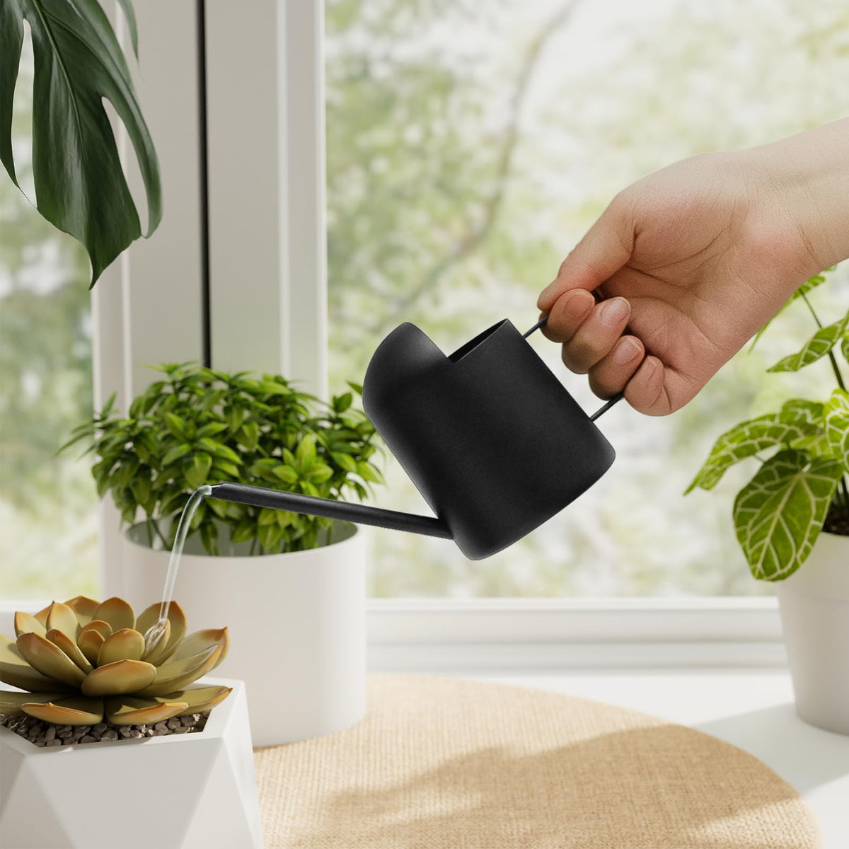 Bamworld Small Watering Can Indoor Outdoor Plant Black Metal Stainless Steel Long Spoutt Flowers Watering Cans for House Garden Plants 10OZ Watering Bottle Cute Decorative for Bonsai