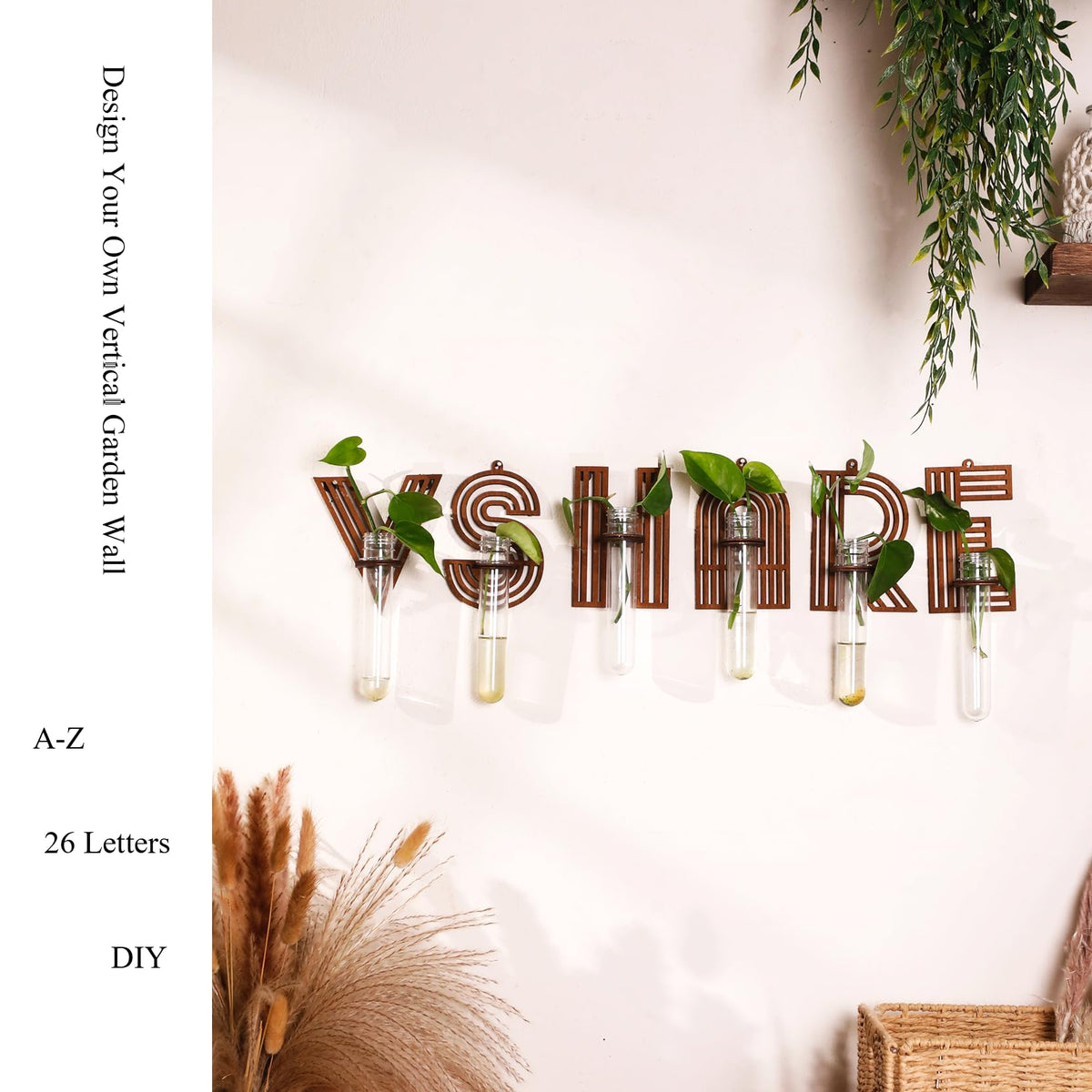 Win Letter Wall Propagation Planters Test Tubes Wall Decor for Hanging Plants Clear Water Plant Vase Brown Wood Upletter Alphabet Functional Art Boho Set of 3