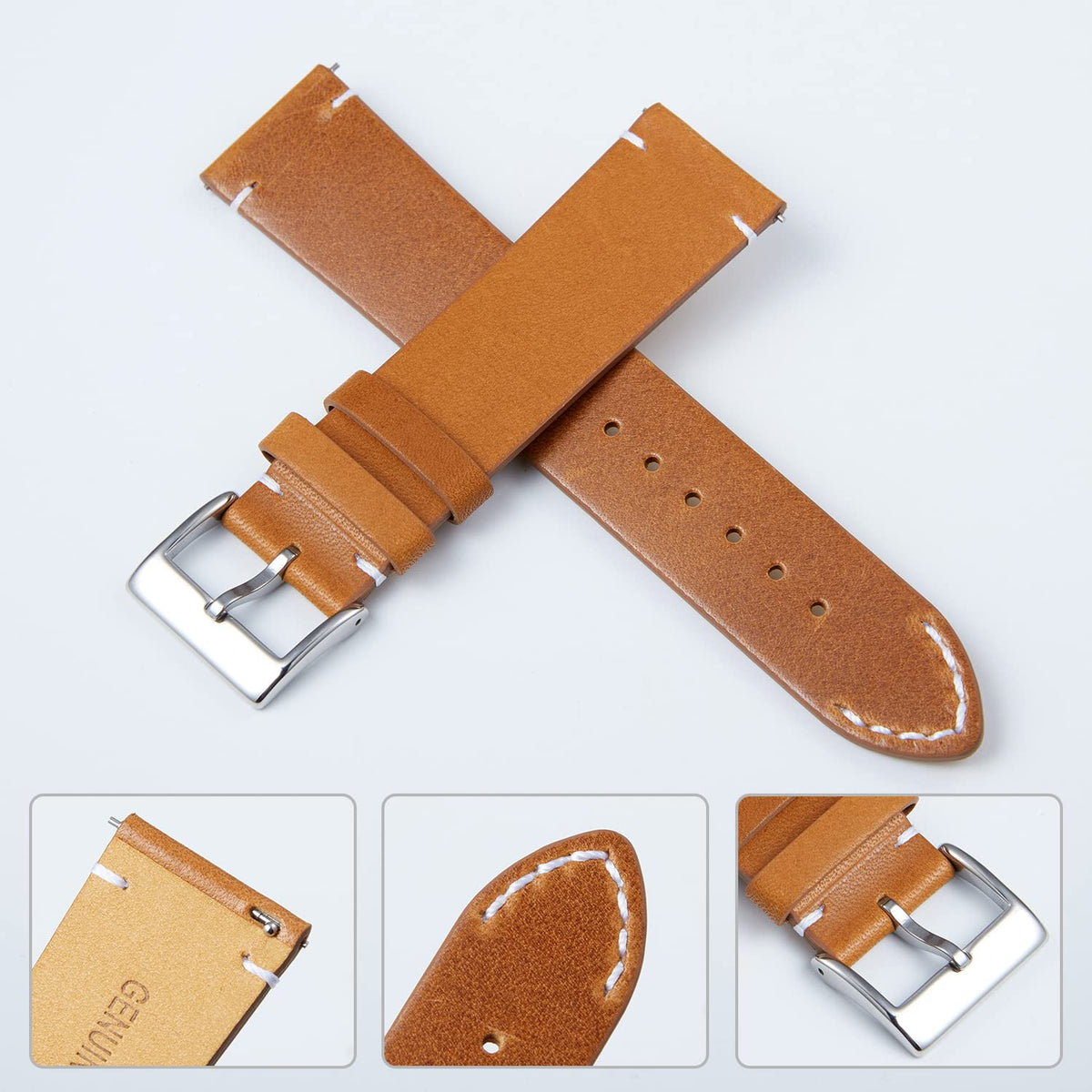 BINLUN Leather Watch Band Replacement Quick Release Genuine Leather Watch Straps 12mm 14mm 16mm 18mm 20mm 22mm or 24mm for Men and Women Black/Brown/Light Brown/Orange (Light Brown, 14mm)