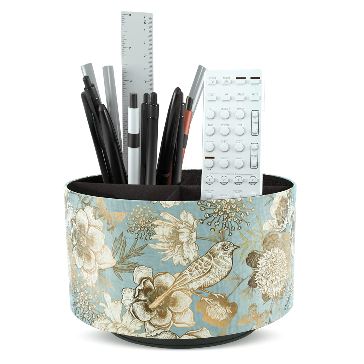 Hennaja Round Leather Art Supply Organizer,Remote Control Holder,360 Degree Rotating,Multi-Functional Pencil Holder,4 Compartments Desktop Stationary Organizer(1-Blue Bird)