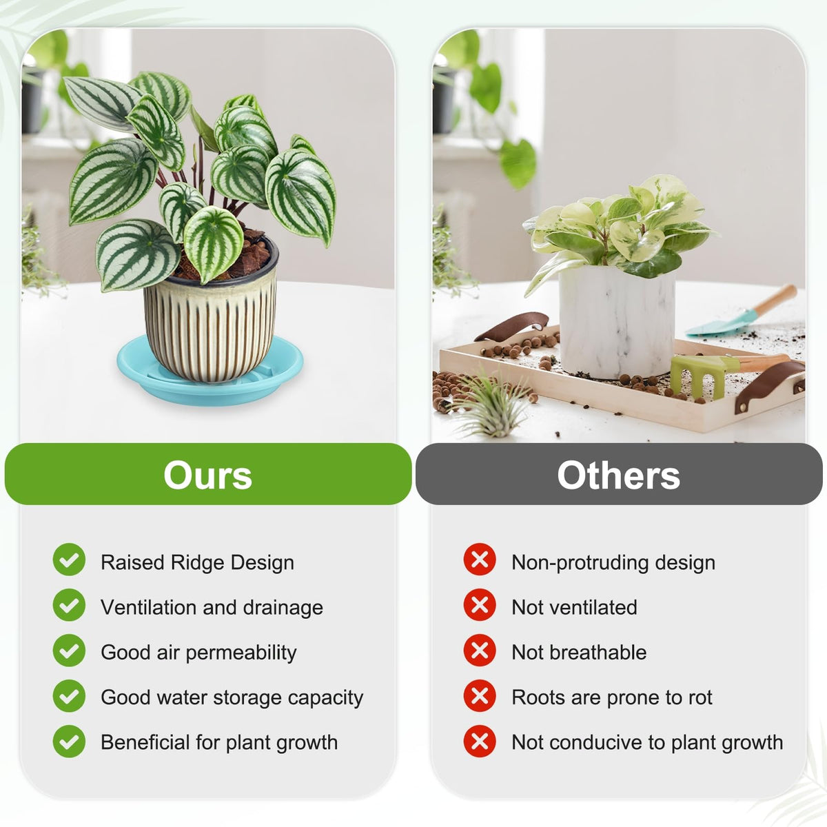 M METERXITY 2-Pack Plant Saucers, 7.3 Inch ID Anti-Rot Root Resin Flower Pot Plant Saucers for Indoor/Outdoor, Flowerpot Drip Tray [9.4 Inch OD, Light Blue]