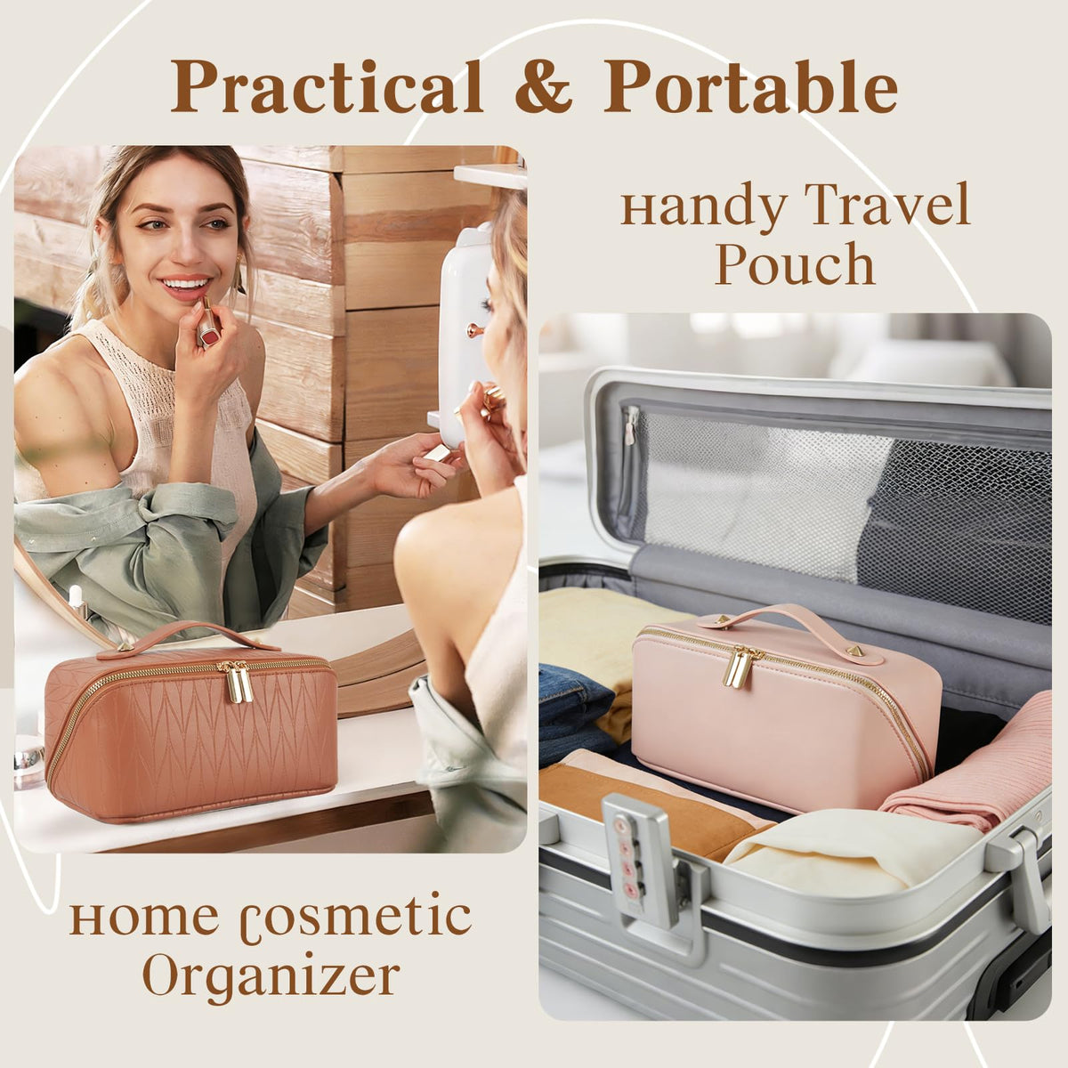 IDELCHOIS Travel Makeup Bag Large Capacity Cosmetic Bags for Women, Waterproof Toiletry Bag Open Flat Makeup Bag with Compartments and Handle, Portable Cosmetic Organizer Pouch, Pink