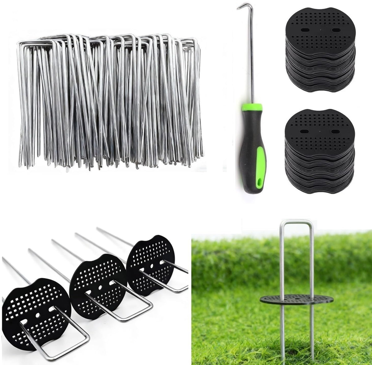4 Inch 100 PCS Galvanized Landscape Staples with 100 PCS Gaskets, Landscape Fabric Pins Stakes Lawn Ground Cover Graden Staples Spikes Weed Barrier Stakes