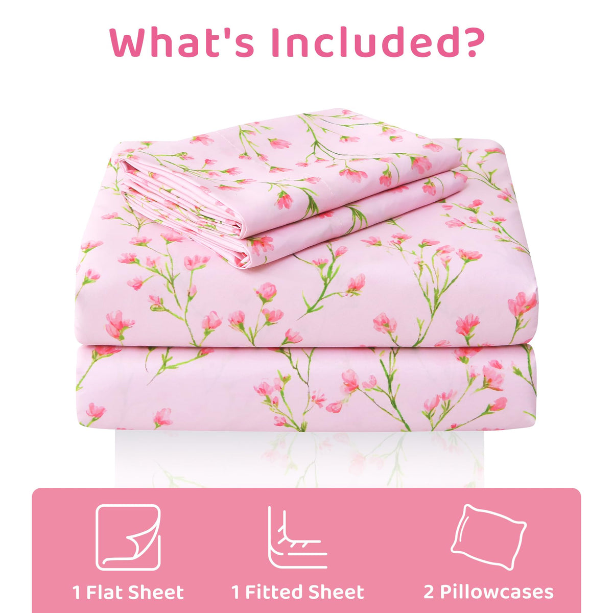 Mooreeke Cozy Floral Microfiber Printed Queen Sheet Set - Soft & Breathable Pink Flowers Bed Sheets with Deep Pocket - Non-Slip Fitted Design - Pink Flowers with Green Branches Pattern - Queen