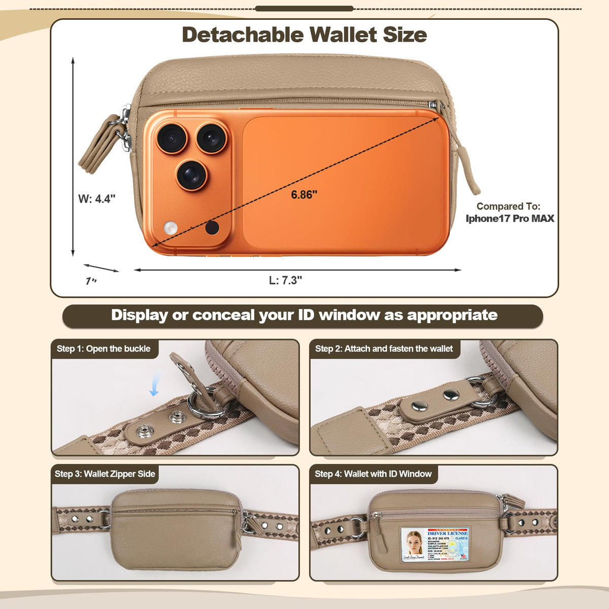 YFWE Clip and Go Phone Strap with Crossbody Wallet, Adjustable Phone Lanyard with Detachable RFID Wristlet Wallet, Anti-Theft Leather Purse with ID Window for Travel Essentials (Khaki)