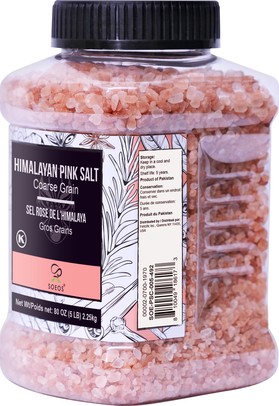 Soeos Himalayan Pink Salt, Coarse Grain, 80oz (5 Pound), Pink Salt, Kosher Salt, Pink Himalayan Sea Salt Coarse for Grinder Refill