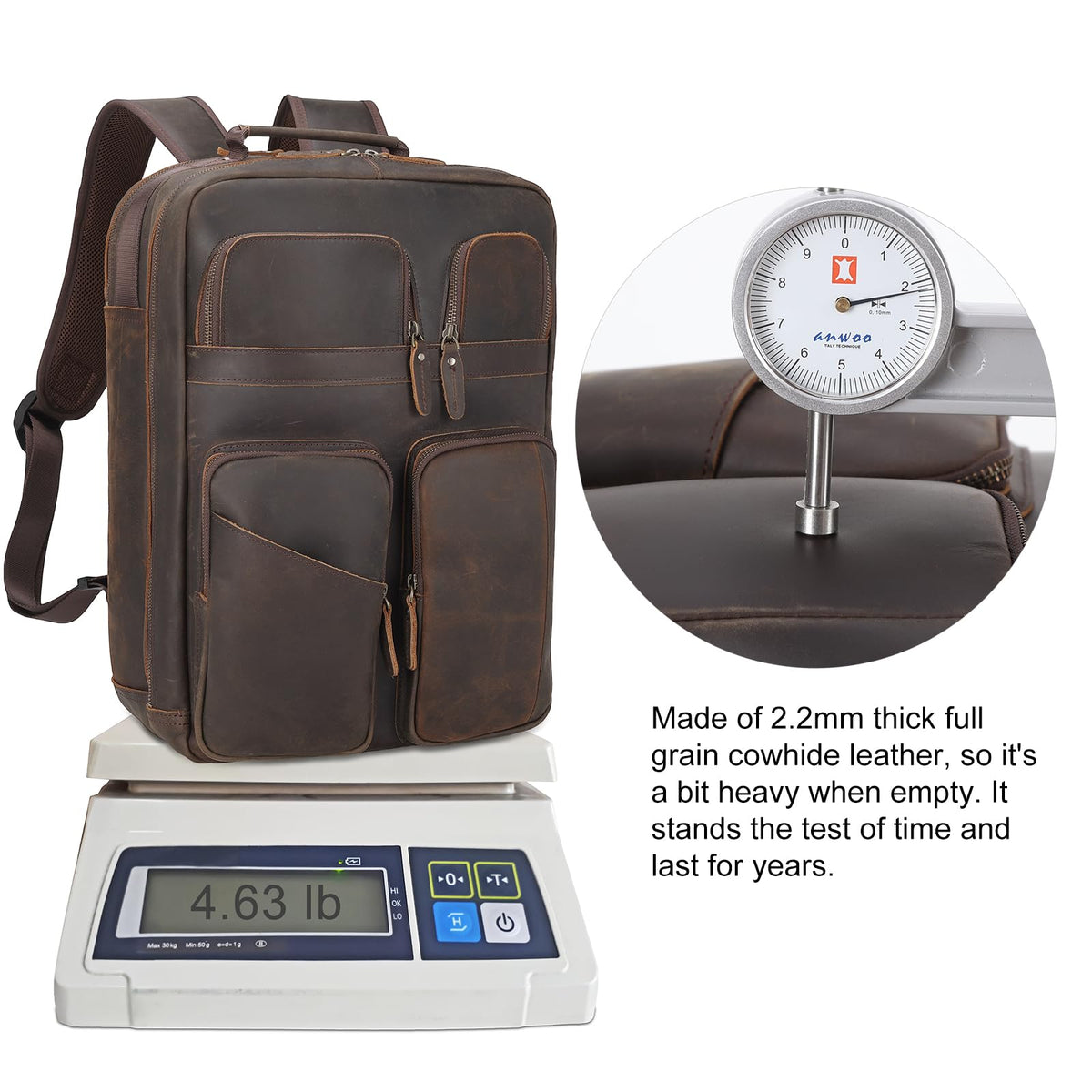 TIDING 17.3" Full Grain Leather Laptop Backpack for Men Multi Pockets Casual Daypack Business Travel Rucksack