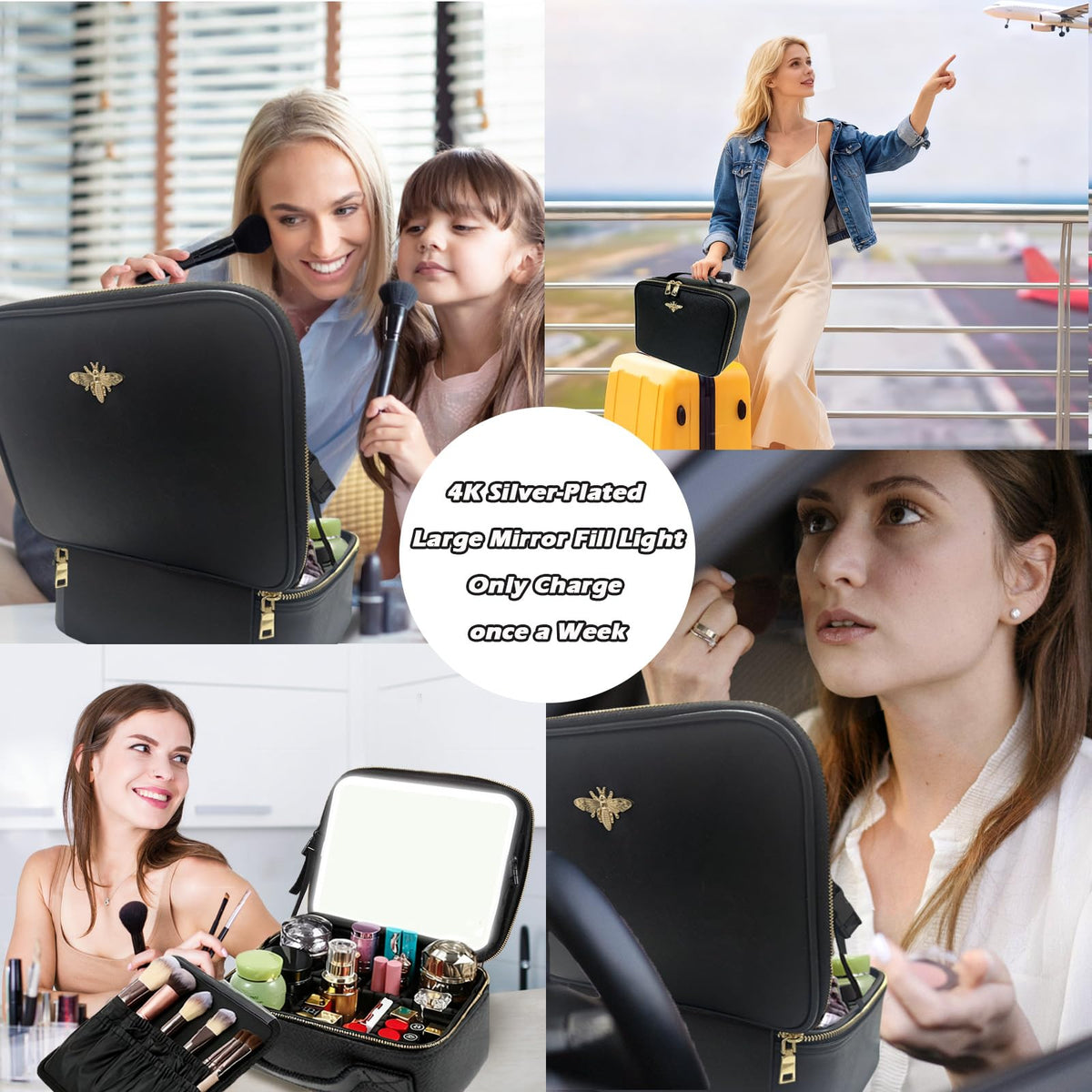 Travel Makeup Bag with Light Up Mirror, Portable Makeup Bag with Led Light Women Waterproof Makeup Travel Case adjustable dividers Rechargeable Vanity Mirror with 3 Color Lights (NO Shoulder Strap)