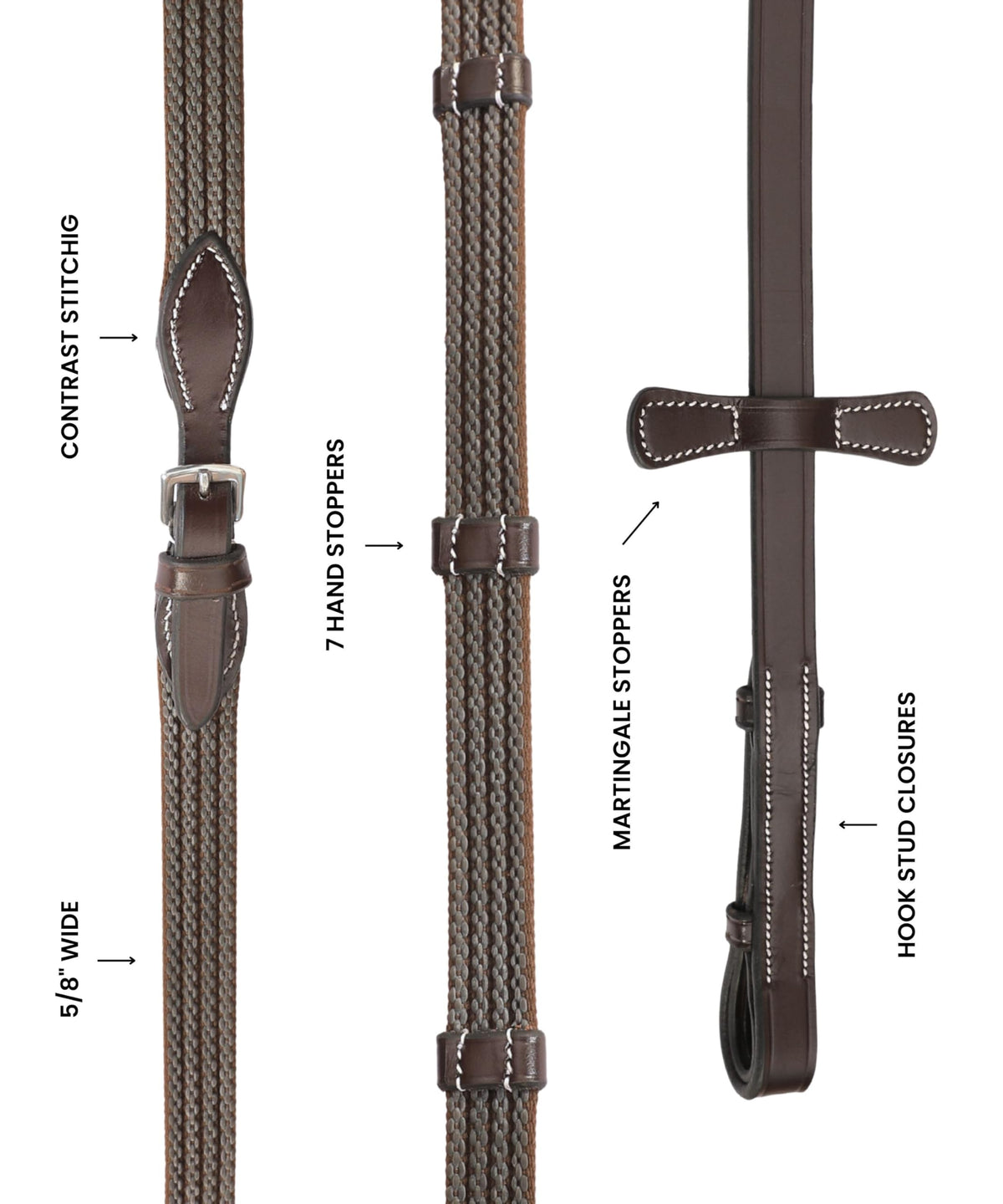 Exion Non Slip Rubber Web Reins for Horse Bridle - 5/8" Premium Leather English Reins with 7 Safety Hand Stops & Stainless Steel Buckles - Grippy Training & Jumping Reins for Full Cob Sizes