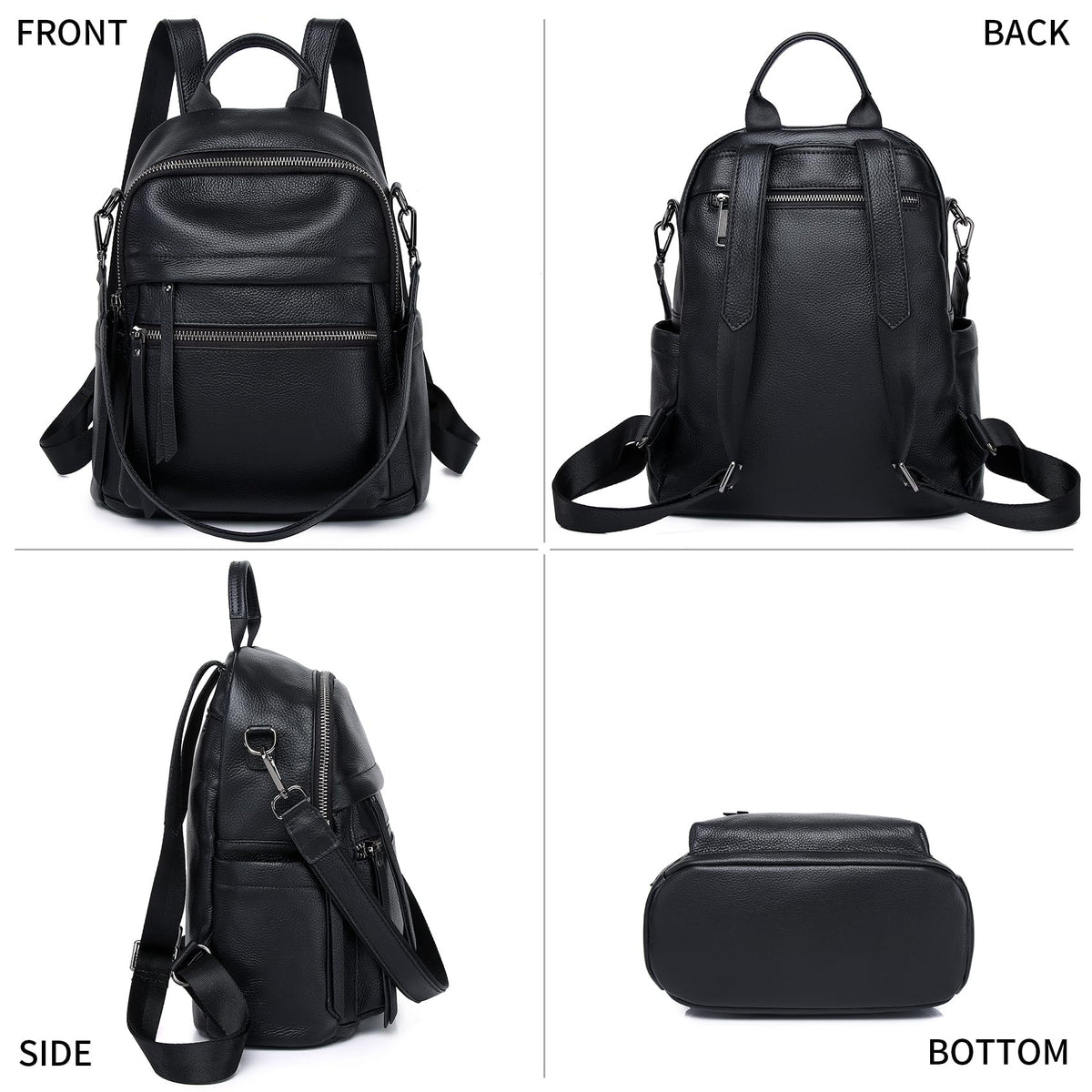 Wesccimo Genuine Leather Backpack Purse For Women Black Real Soft Leather Convertible Ladies Daypack Shoulder Bag