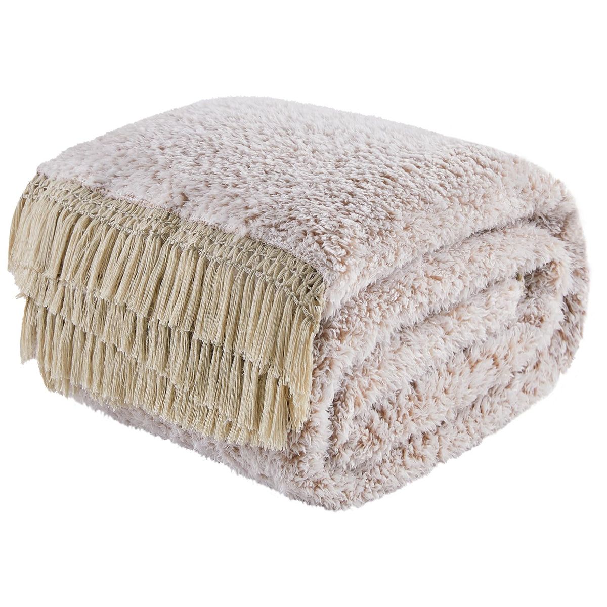 EMME Soft Sherpa Fleece Blanket with Tassel, Reversible Plush Fluffy Large Blanket, Light Weight Warm Decorative Boho Blanket Cover for Sofa, Couch, Bedroom,Travel(Tassel Khaki,108"x90")