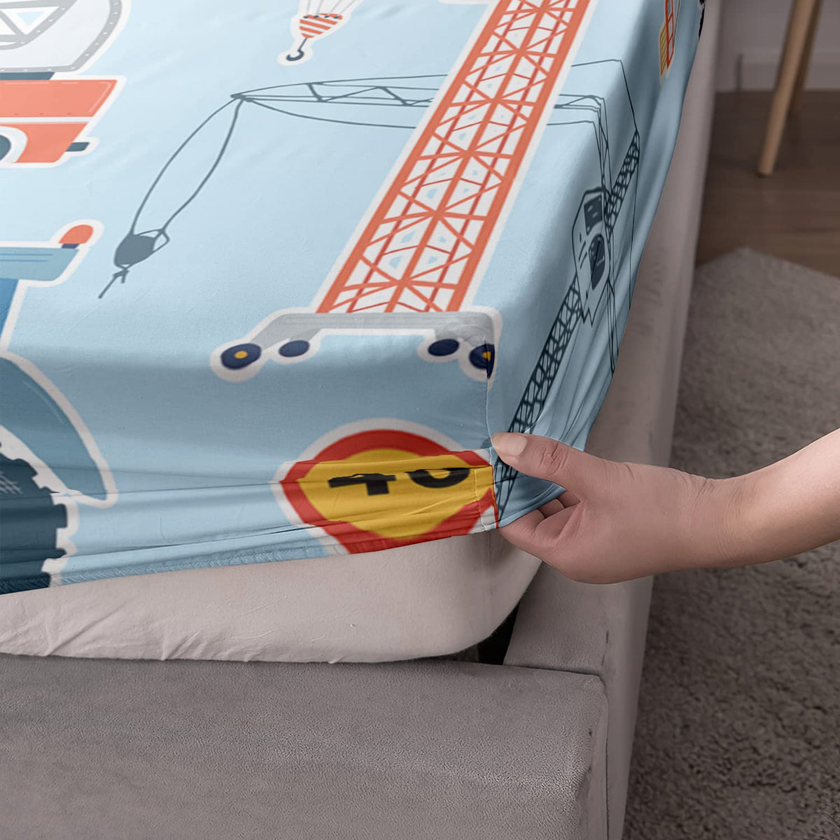 HOSIMA Cartoon Car Fitted Sheet 3Piece Set with Construction Site Excavator Crane and Tractor Design,Kawaii Bedding Set for Boys Girls in Light Blue Fitted Sheet Set Queen Size with 2 Pillowcases.