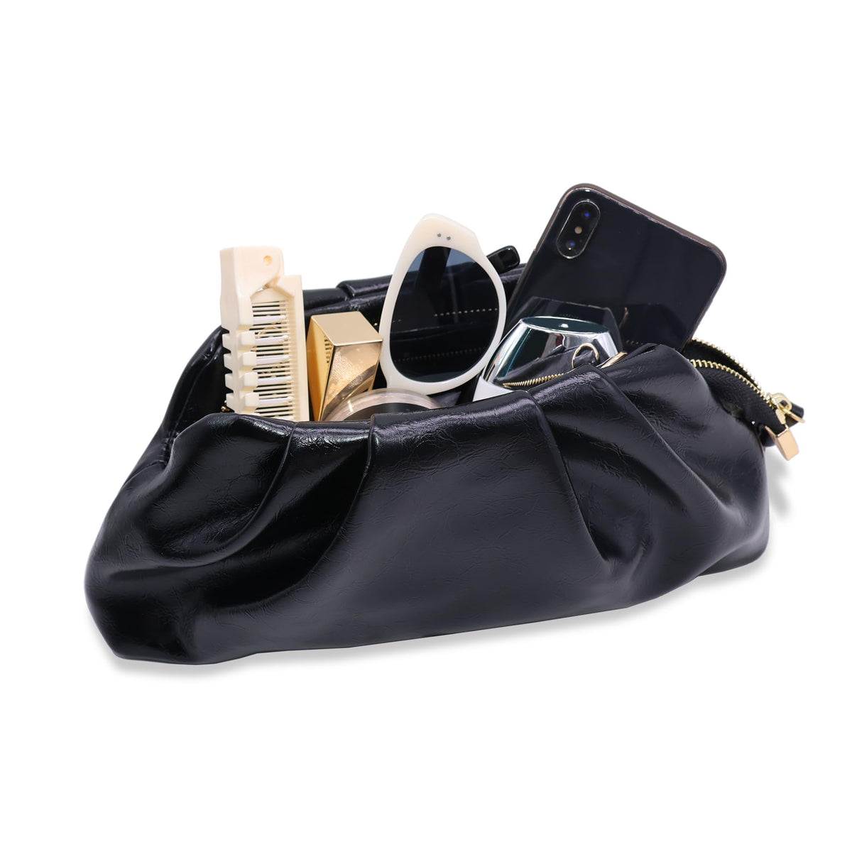 Milisente Clutch Purses for Women Shiny PU Leather Pleated Evening Clutch Bag With Shoulder Strap for Formal Wedding Prom (Black)
