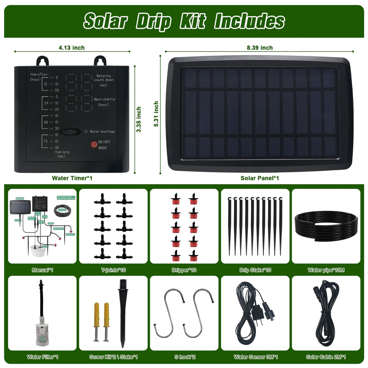 Solar Drip Irrigation System for Garden, Automatic Drip Irrigation Kit with 33FT Tubing, Solar Powered Plant Watering Device for Potted Plants, Vacation, Outdoor No Wiring Needed (10 Pots)
