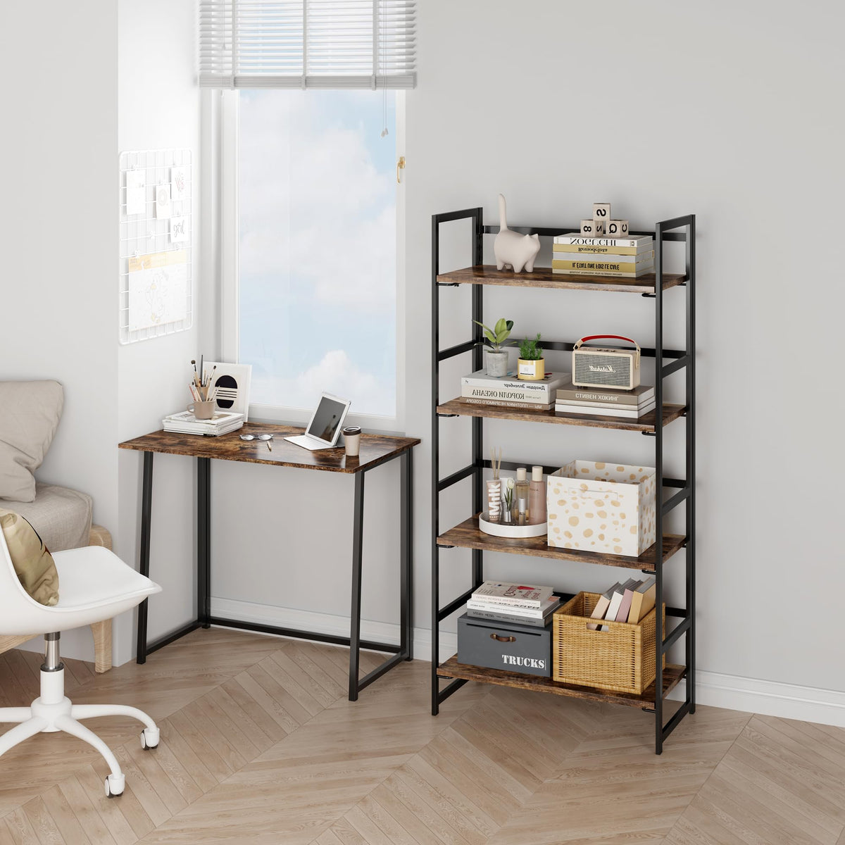 BHG Vintage Multifunctional Folding Bookshelf, No-Assembly Plant Stand Storage Rack Shelves for Home Office (Fire, 4-Tier)