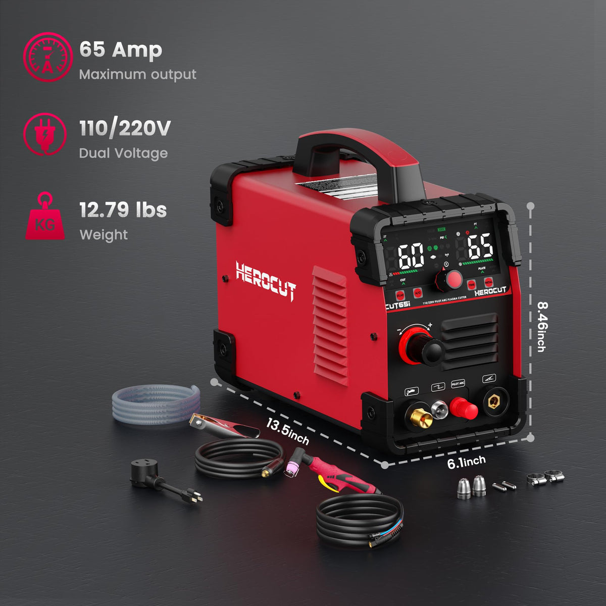Plasma Cutter, 65Amps HEROCUT Plasma Cutter Machine CUT65i, Non-Touch Pilot Arc, 110/220V Dual Voltage IGBT Inverter, Screen Display, Air Sensor, 20mm Max Cutting Thickness, 2T/4T for Beginners DIY