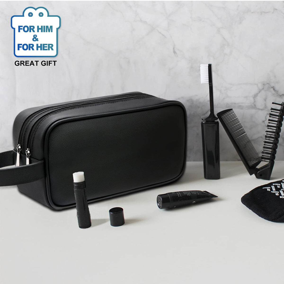 HappyDavid Soft PU Leather Zipped Travel Toiletry Bag Mens Ladies Supply Toiletry Bag Case(Black)