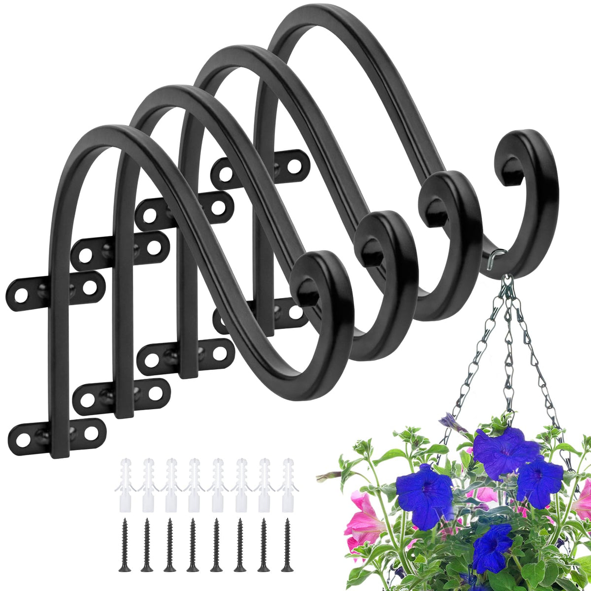 4 Pack Plant Hangers Outdoor, 16 Inch Hanging Basket for Plants Outdoor Brackets, Heavy Duty Plant Hanger Bracket with 80lbs Weight Capacity for Hanging Baskets,Bird Feeders,Lanterns and Wind Chimes