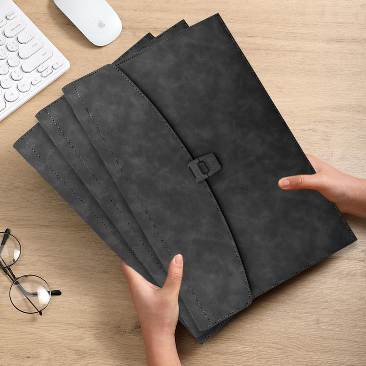 VANRA File Folder Document Holder Faux Leather Portfolio Filing Envelopes, Dampproof Document Folder with 2 Pockets A4/Letter Size Paper Organizer Case with Buckle Closure (Black)