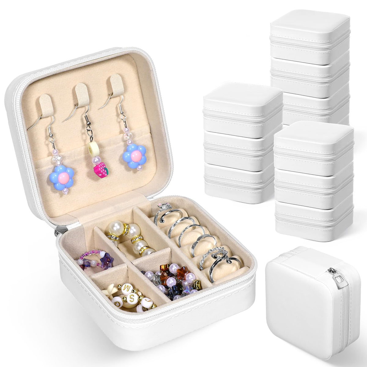 12 Pack Small Travel Jewelry Box Bulk Bridesmaid Proposal Gift Boxes Portable Mini Travel Jewelry Case PU Leather Earring Storage Box with Dividers for Women Girls Rings Necklace Earring Organizer