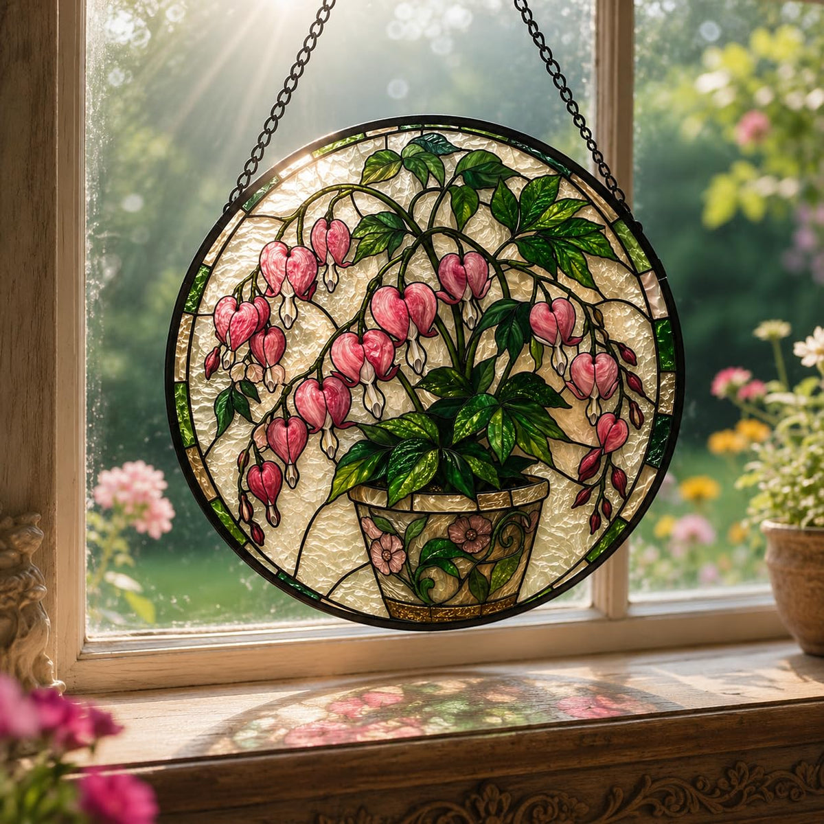 Stained Glass Window Hanging Sun Catcher Stained Glass Kit Style Pink Bleeding Heart Potted Floral Round Panel for Indoor Window Wall Garden Decor Gift