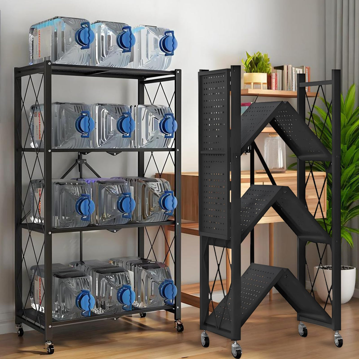Kitchen Garage Metal Shelves, Storage Shelves Organizer, Foldable Metal Shelving, Closet Shelving Unit, 28" W x 14" D x 50" H Bakers Rack Microwave Stand, Plant Stand with Wheels (4-Tier Shelf)