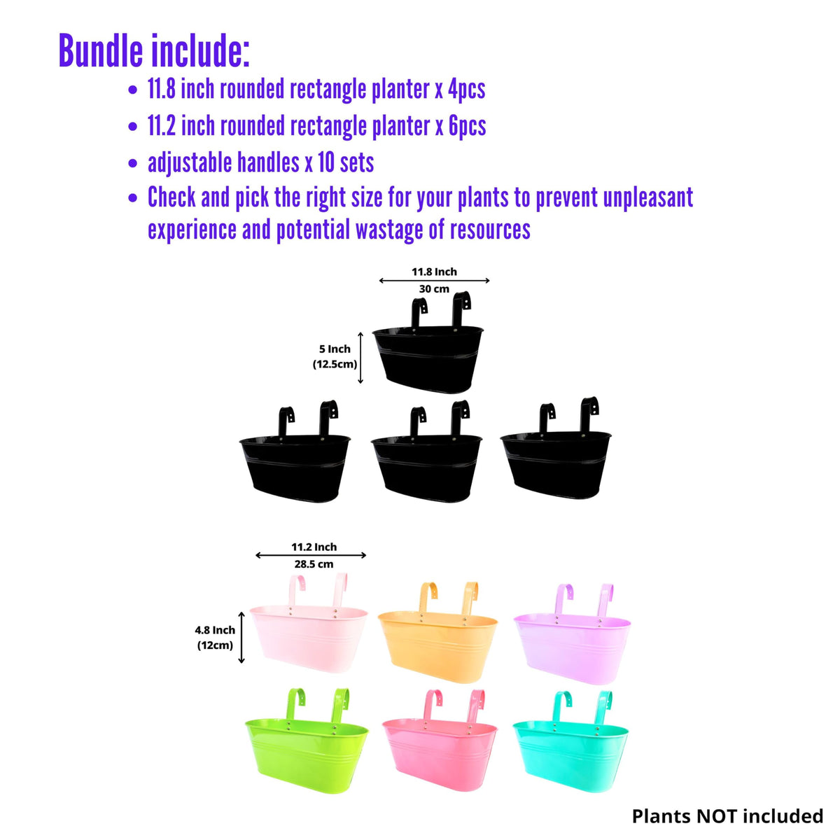 LaLaGreen Bundle - 4 Pack, 11.8 Inch Black + 6 Pack, 11.2 Inch Multicolor Rounded Metal Iron Hanging Flower Pot Wall Mount Modern Window Bucket Box Porch Deck Railing Fence Outdoor Garden Plant Holder