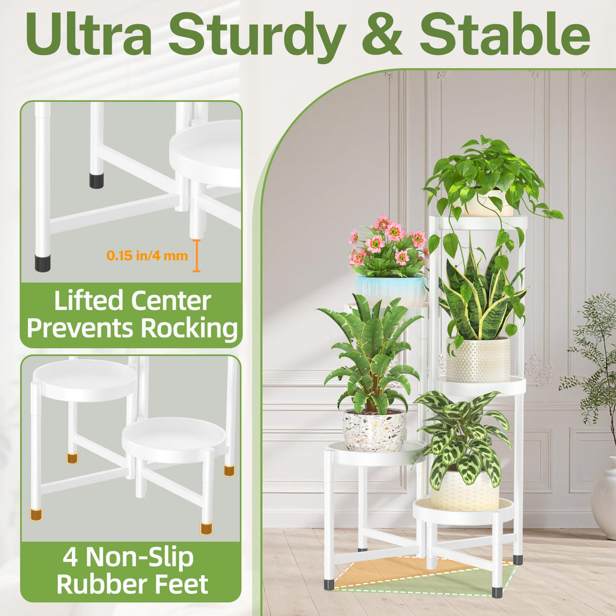 iDavosic.ly Plant Stand Indoor Outdoor, 5 Tier Corner Metal Flower Display Holder Shelf, Folding Tall Orchid Rack for Patio Balcony Porch Garden Living Room House, White