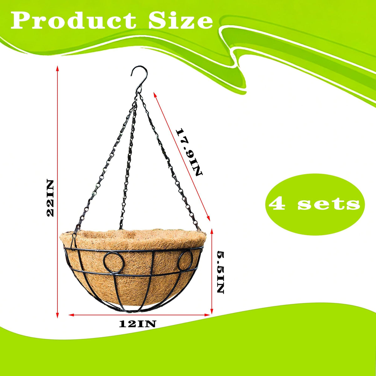 JFFLYIT 4 Pack 12" Round Metal Hanging Basket for Outdoor Plants Durable Large Hanging Planter with Coco Coir Round Plant Holders Planter for Outside Garden Decoration (Circular)