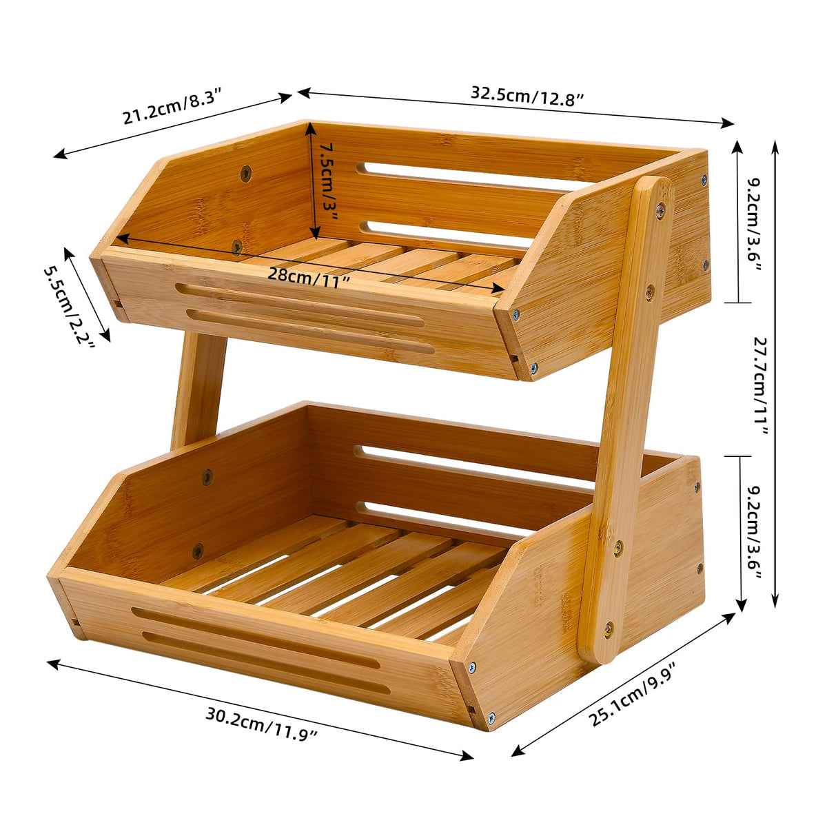 VIKEYHOME Fruit Basket, 2 Tier Bamboo Fruit Basket for Kitchen, 11" Tall Fruit Stand Storage Holder, Heavy Duty/Large Capacity for Vegetables, Fruit, and Snack, 15 mm Thickness (Self-assembly)