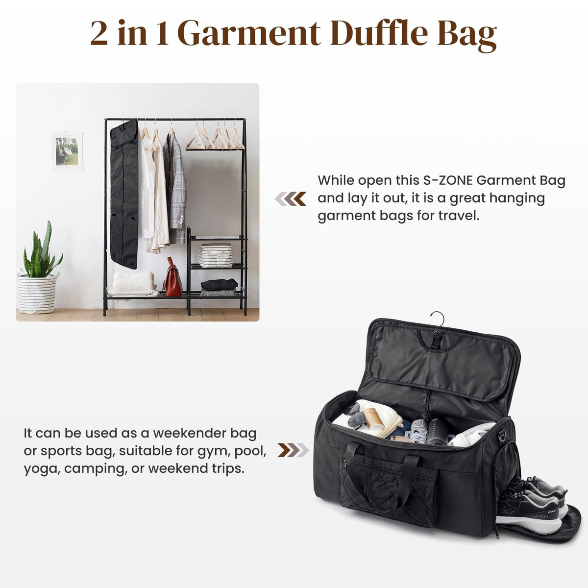 S-ZONE Garment Duffle Bags for Travel Carry on Convertible 2 in 1 Suit Bags Hanging Suitcase with Toiletry Bag 50L
