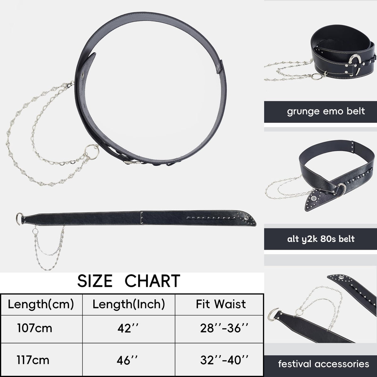 VQYVRZC Goth Belt for Women Wide Black Punk Accessory Studded Rivets with Detachable Crystal Waist Chain Rock Rave Emo Style
