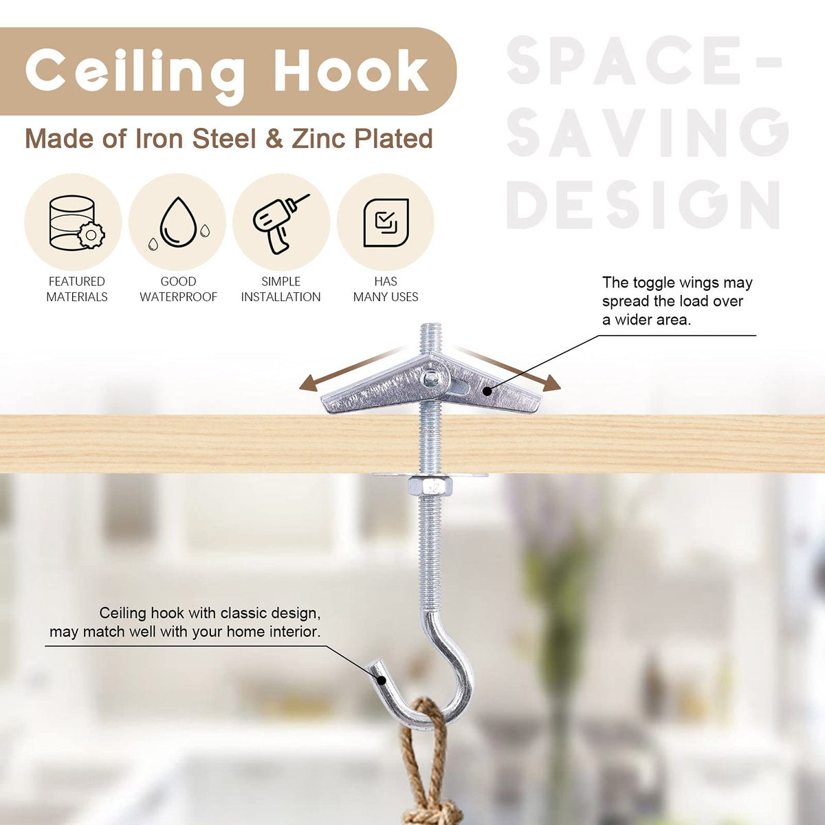 Wokape 64Pcs M4×75 Heavy Duty Carbon Steel Ceiling Hooks Spring Toggle Wing Bolts Wall Fixing Ceiling Hooks Pothook Wall Fixing Anchors Ceiling for Hanging Plants