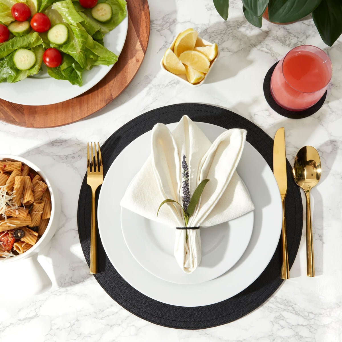 Juvale Round Vegan Leather Table Placemats & Coasters - Waterproof & Heat-Resistant Dining Table Decor - Easy Wipe-Clean Kitchen Decor - Durable Everyday Placemats - Black, 13.4", Set of 6