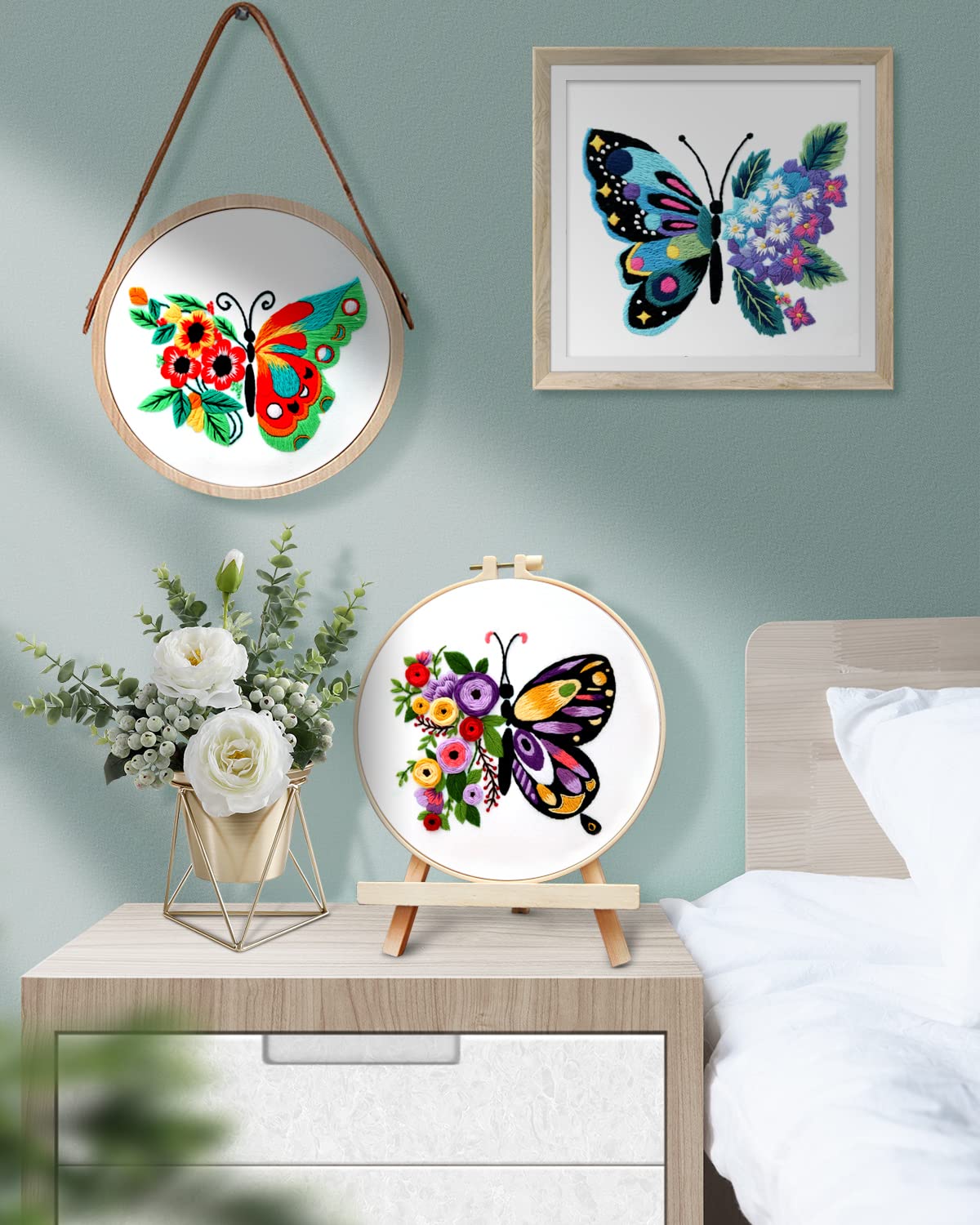 TINDTOP 3 Sets Embroidery Stitch Practice kit, Butterfly Flower Embroidery Kit for Beginners Include Cloth Hoops Threads for Craft Lover Hand Stitch with Embroidery Skill Techniques