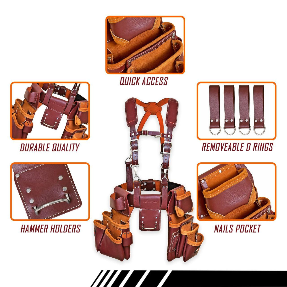 Leather PRO-19 100% Genuine Full Grain Leather Tool Belt/Pouch/Bag, Tool Belt with Suspenders, Comfort Back Support Tool Pouches with Suspenders for Construction,Framers, (Maroon)