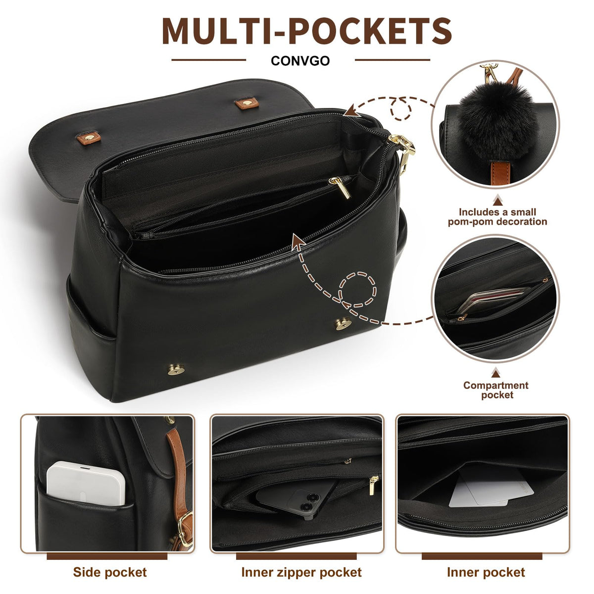Convgo Mini Backpack Purse for Women, Small Fashion Backpack Vintage PU Leather Shoulder Bag Casual Travel Collage, Black