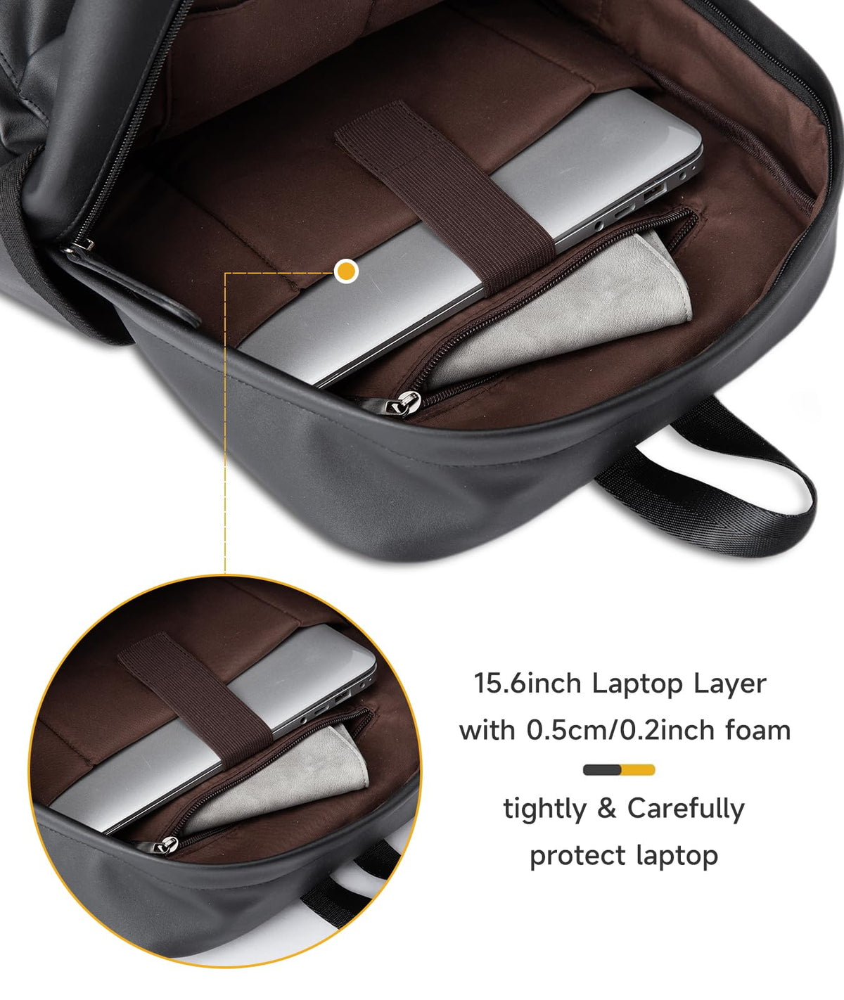 MOYYI Leather Laptop Backpack for Men Black Fit 15.6inch Laptop Backpack Simplify Rucksack Waterproof for Work Commute Casual Daypack