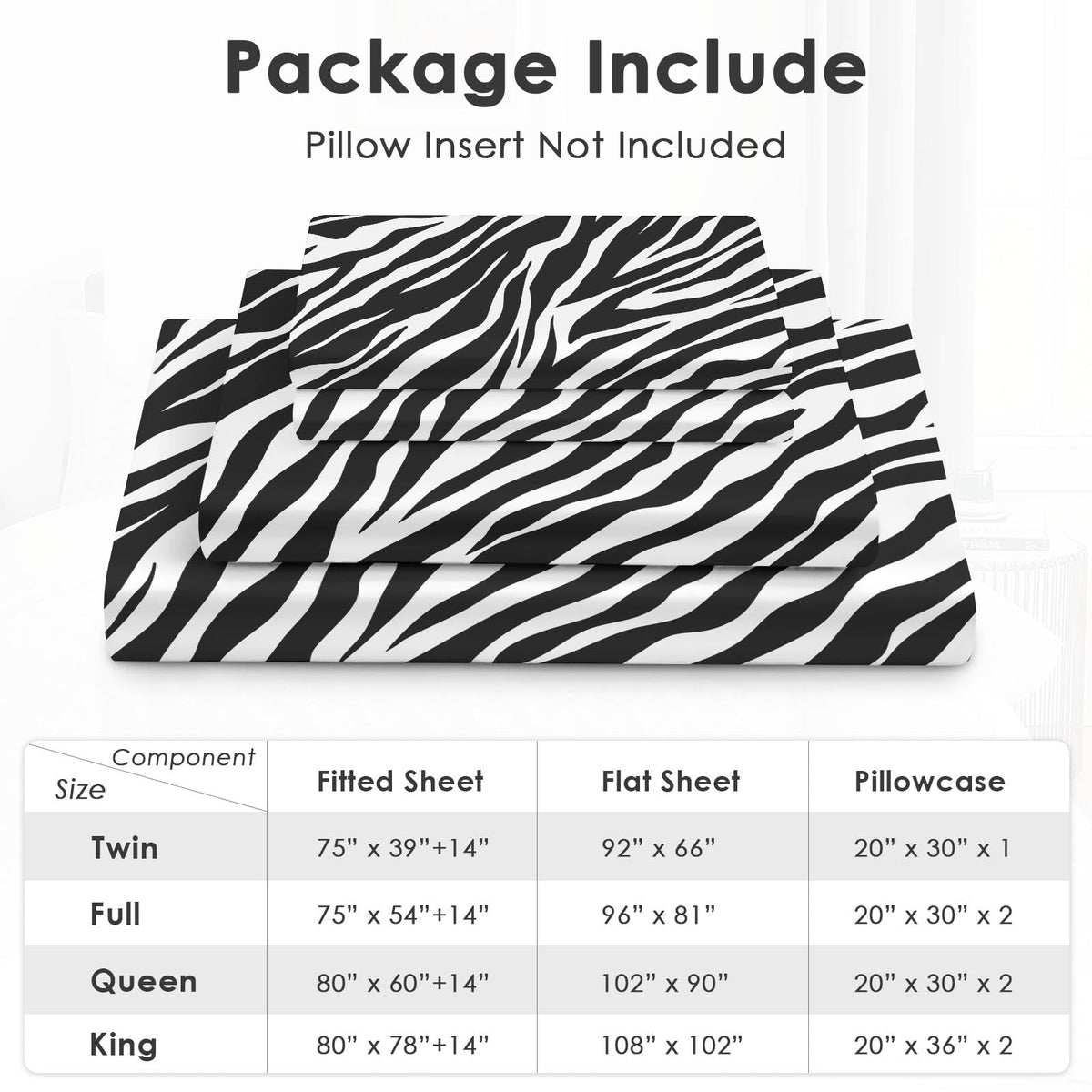 Pamnest Twin Size Bed Sheet Sets, Zebra Stripe Animal Soft Microfiber 3 Pcs Bedding Sets for Kids and Adults Bedroom Bed Decor, Black White Flat, Fitted Sheet and Pillowcases