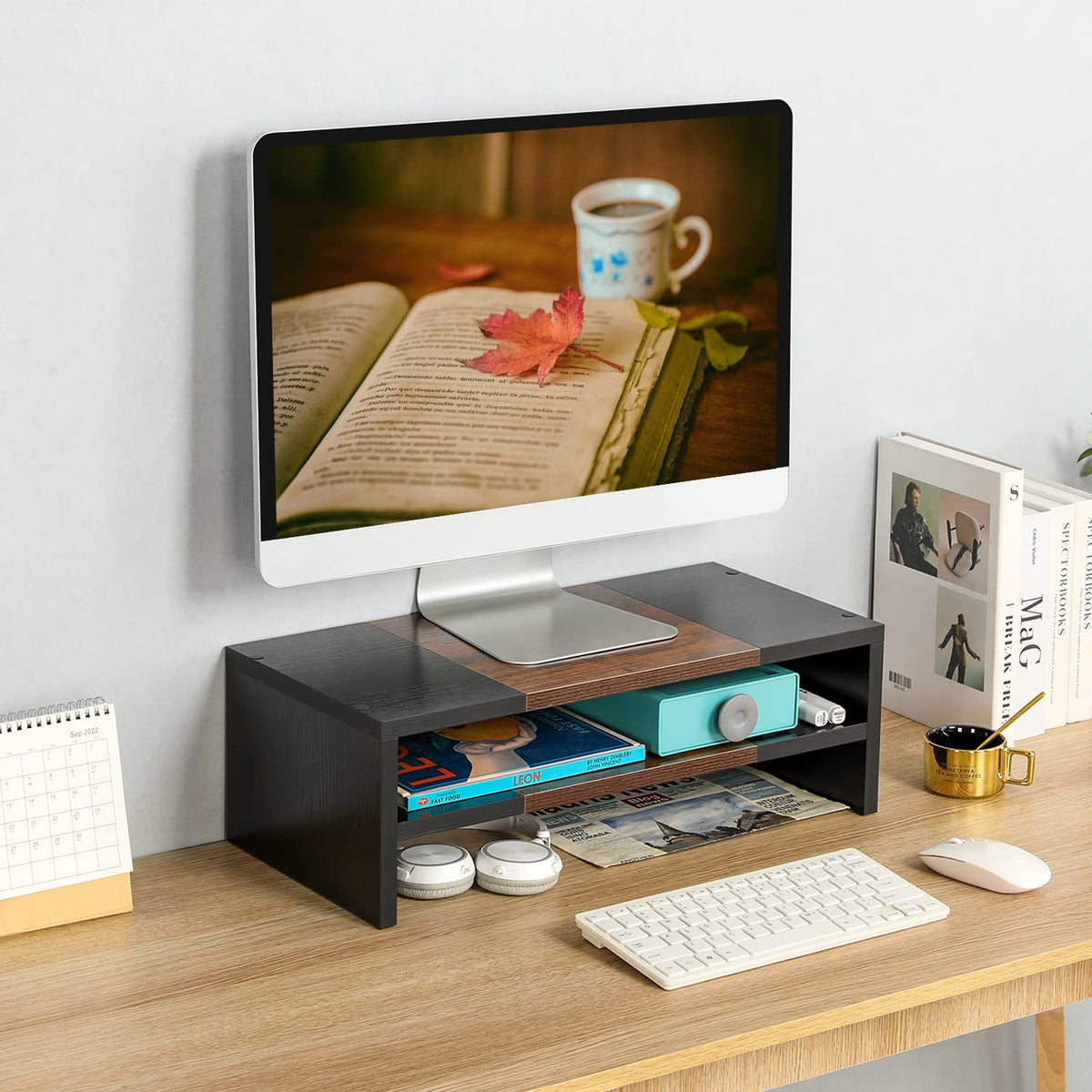 TEAMIX 2 Tiers Desktop Monitor Stand Riser 20 Inch Printer Stand with Storage Small TV Riser Laptop Wooden Desk Organizer Shelf Bookshelf (Black+Brown, 2 tiers)
