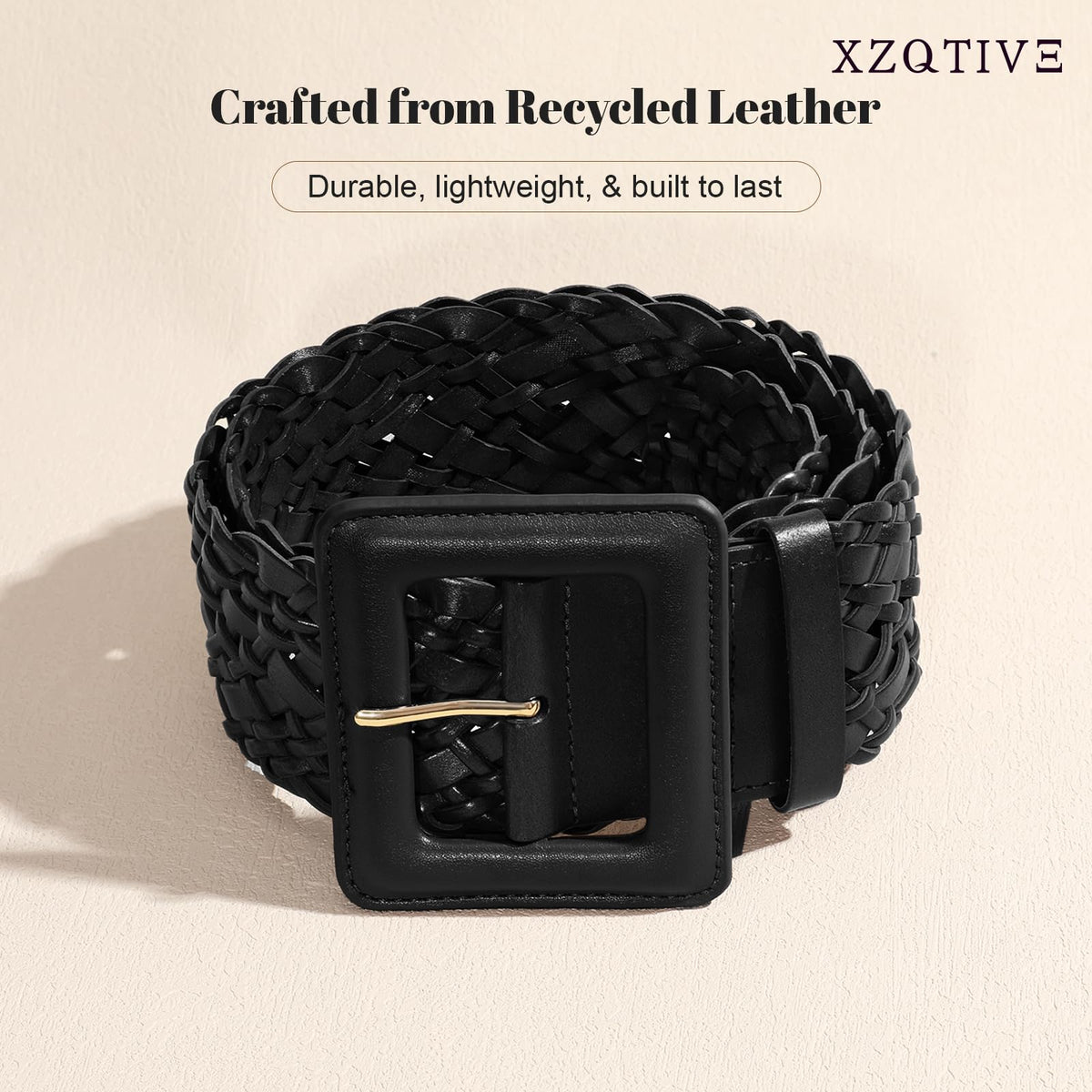 XZQTIVE Women Wide Belt for Dresses Fashion Thick Braided Leather Belts with Square Buckle, Woven Waistband for Ladies, Black(Fit Waist Size Below 31'')
