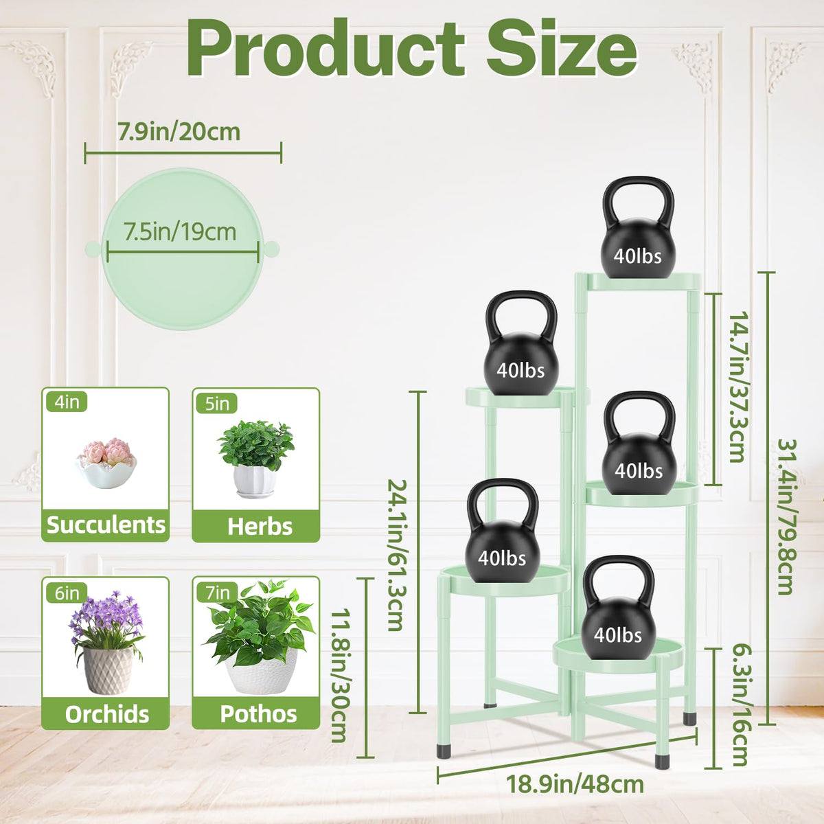 iDavosic.ly Plant Stand Indoor Outdoor, 5 Tier Corner Metal Flower Display Holder Shelf, Folding Tall Orchid Rack for Patio Balcony Porch Garden Living Room House, Light Green