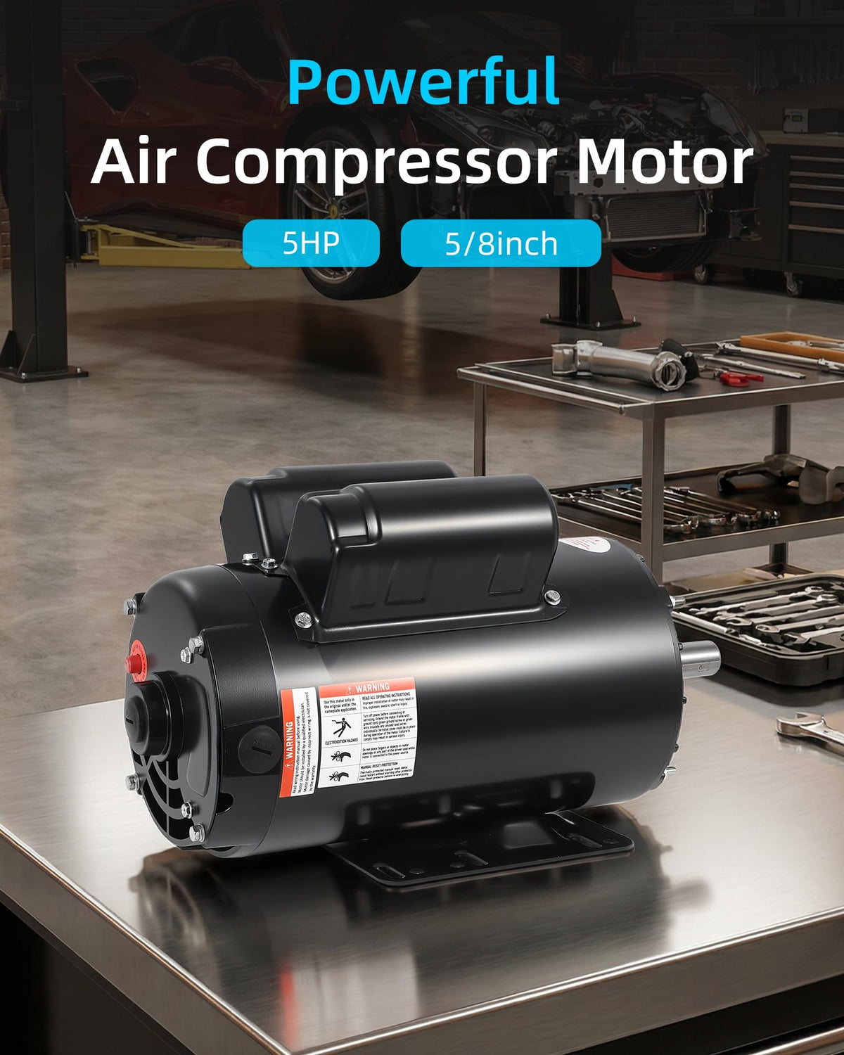5HP SPL Air Compressor Electric Motor, 230V 17.6Amps, 56 Frame 3450RPM, 5/8“ Keyed Shaft, 1.88” Shaft Length, Single Phase, CW/CCW Rotation, Powerful Motor for General Equipment