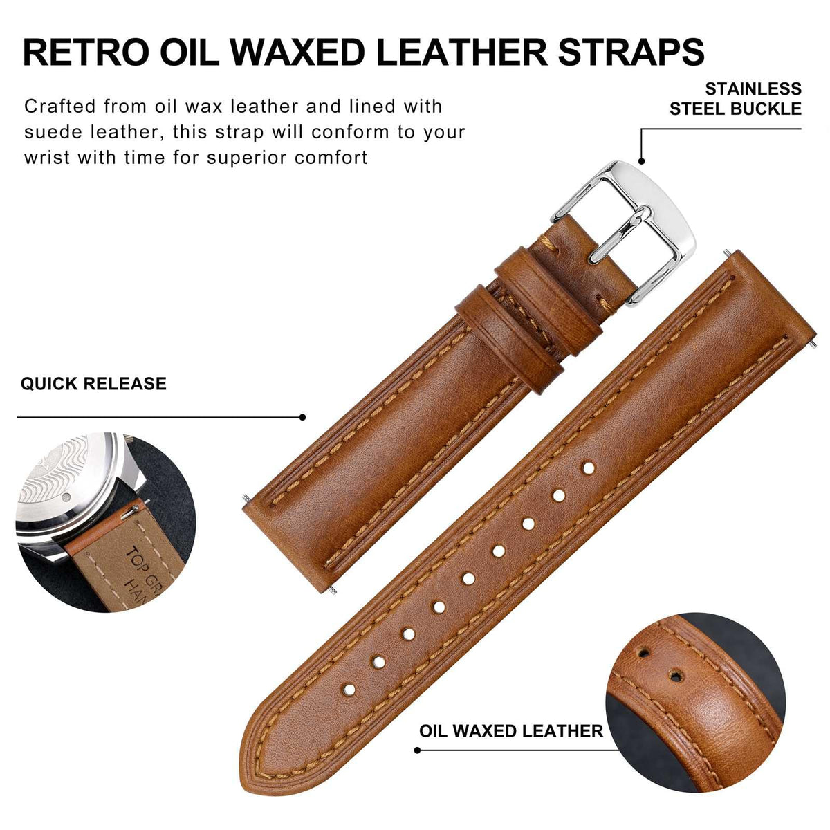 BISONSTRAP Retro Leather Watch Straps for Men, Oil Waxed Calfskin Replacement Band, Quick Release, 18mm, Toffee Brown (Silver Buckle)
