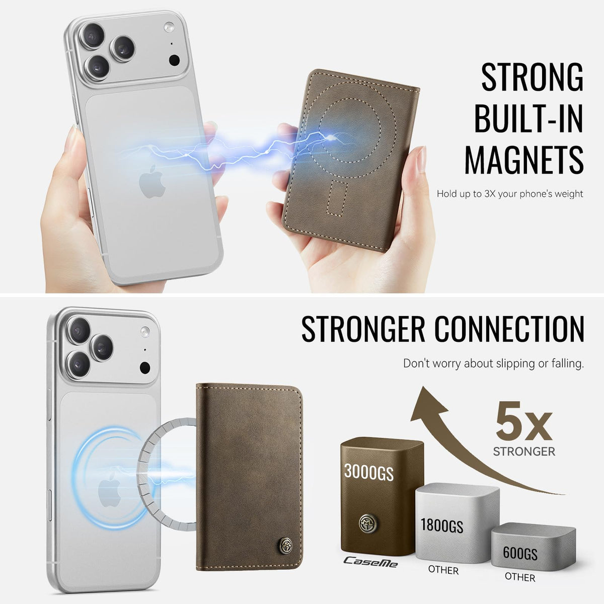 XIMAND Magnetic Wallet Card Holder with RFID Protection, PU Leather Slim Wallet, Strong Magnet Attachment for iPhone 18/17/16/15/14/13/12 Series Pro Max Plus Mini-Brown