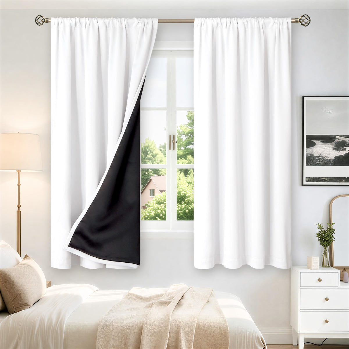 BGment White Blackout Curtains for Bedroom 63 Inch Long - Thermal Insulated Black Out Curtains Room Darkening Soundproof Rod Pocket Window Curtains for Living Room, Each Drape Panel 52 Inch Wide