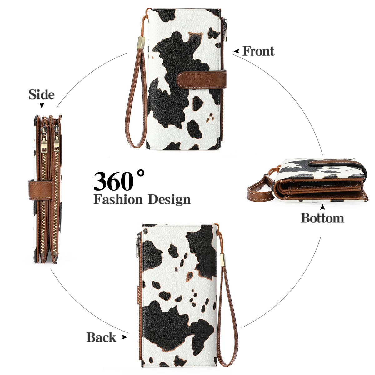 GOIACII Wallet for Women Large Wristlet Purse Trifold Clutch Cow Print