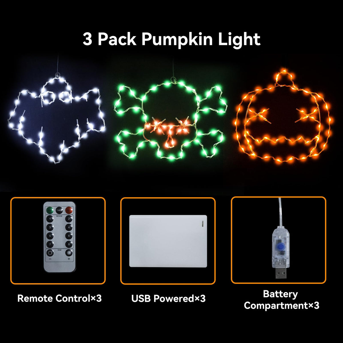 Veeydrut Halloween Decorations Lights, 3 Packs, USB/Battery Powered, Remote Control, Multicolor, Skull & Ghost Design