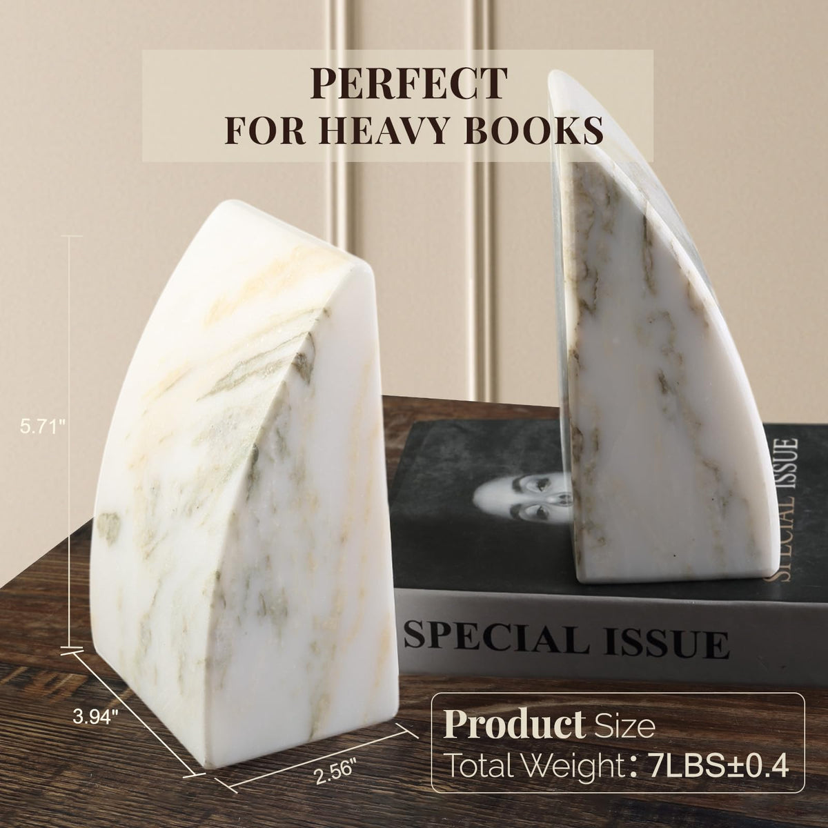 Koville Marble Bookends for Shelves, Large Bookends for Heavy Books, Natural Stone Book Stopper for Books CD Movies, Aesthetic Decorative Book Ends (Oriental Calacatta)
